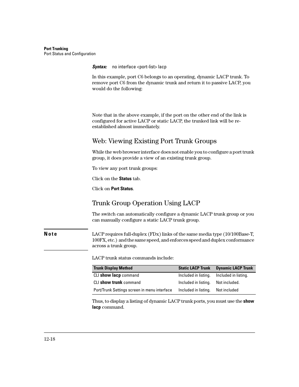 Web: viewing existing port trunk groups, Trunk group operation using lacp, Web: viewing existing port trunk groups -18 | Trunk group operation using lacp -18, Ge 12-18) | HP 2600 User Manual | Page 244 / 418