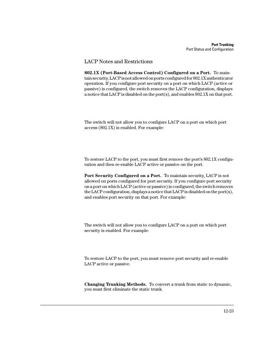 Lacp notes and restrictions, Port security configured on a port, Changing trunking methods | Lacp notes and restrictions -23 | HP 2600 User Manual | Page 249 / 418