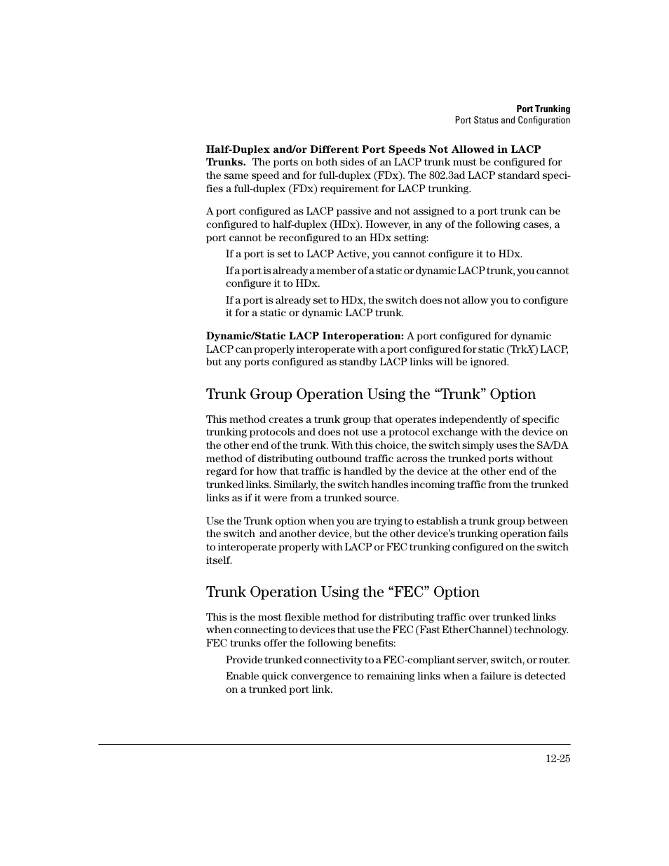Trunk group operation using the “trunk” option, Trunk operation using the “fec” option, Trunk group operation using the “trunk” option -25 | Trunk operation using the “fec” option -25 | HP 2600 User Manual | Page 251 / 418