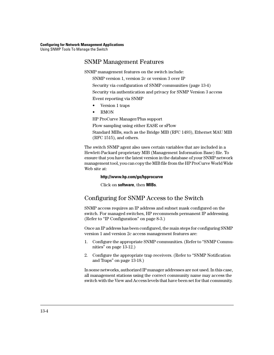 Snmp management features, Configuring for snmp access to the switch, Snmp management features -4 | Configuring for snmp access to the switch -4 | HP 2600 User Manual | Page 258 / 418