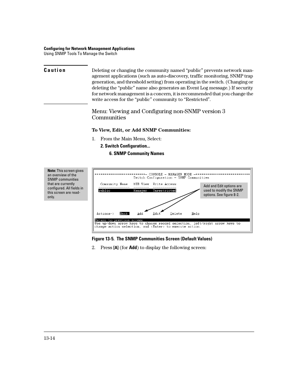 To view, edit, or add snmp communities | HP 2600 User Manual | Page 268 / 418