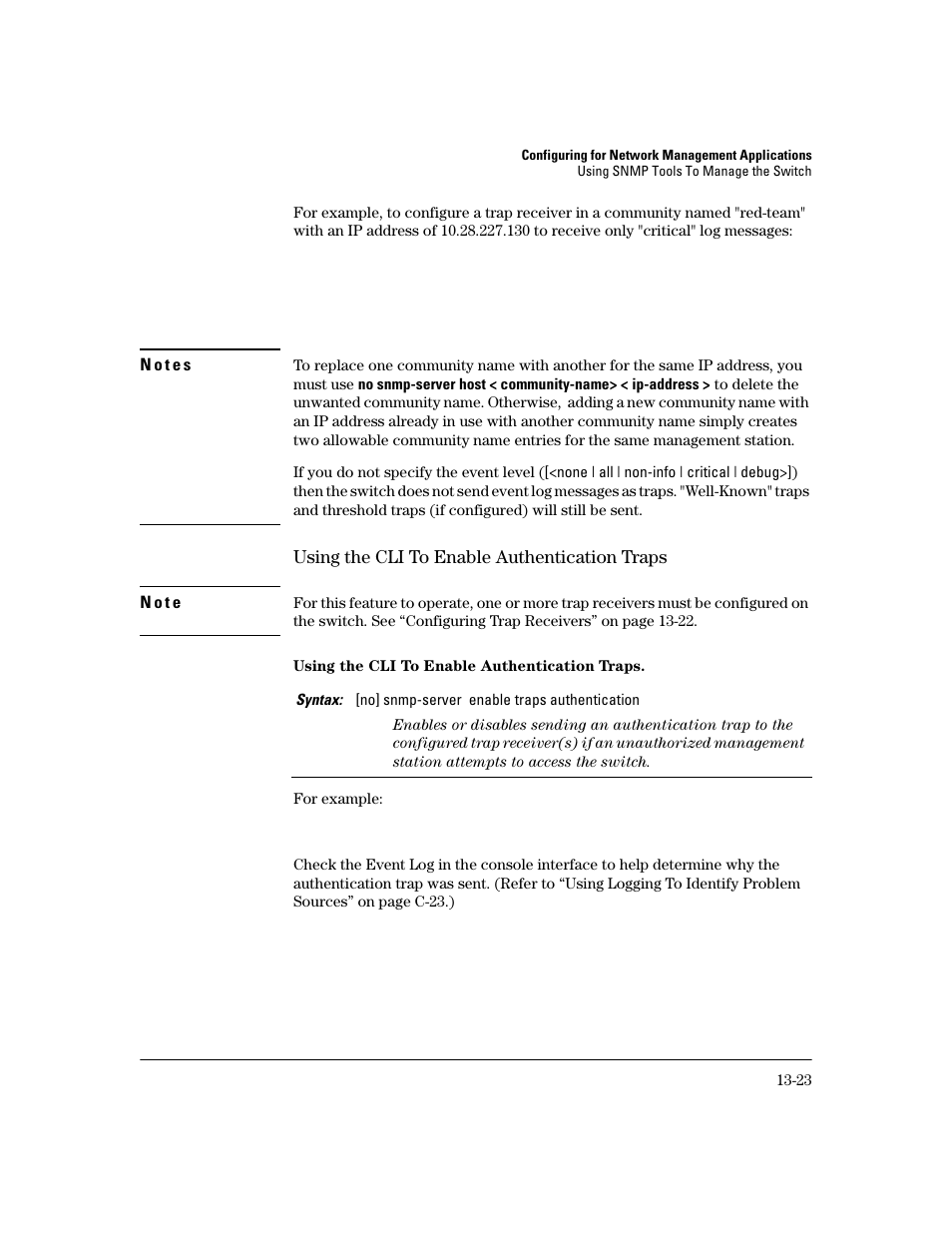 Using the cli to enable authentication traps, Using the cli to enable authentication traps -23 | HP 2600 User Manual | Page 277 / 418