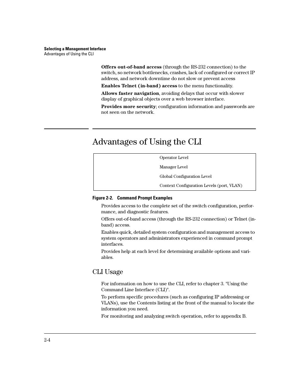 Advantages of using the cli, Advantages of using the cli -4, Cli usage | HP 2600 User Manual | Page 28 / 418