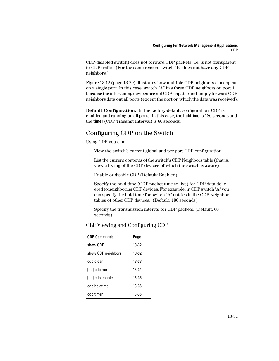 Default configuration, Configuring cdp on the switch, Cli: viewing and configuring cdp | Configuring cdp on the switch -31, Cli: viewing and configuring cdp -31 | HP 2600 User Manual | Page 285 / 418