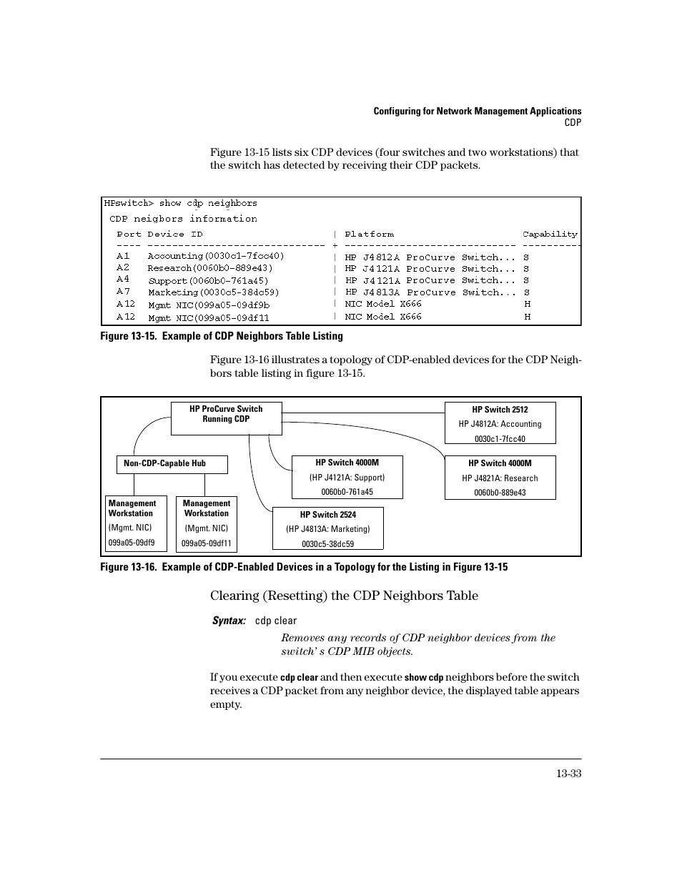 Clearing (resetting) the cdp neighbors table, Clearing (resetting) the cdp neighbors table -33 | HP 2600 User Manual | Page 287 / 418