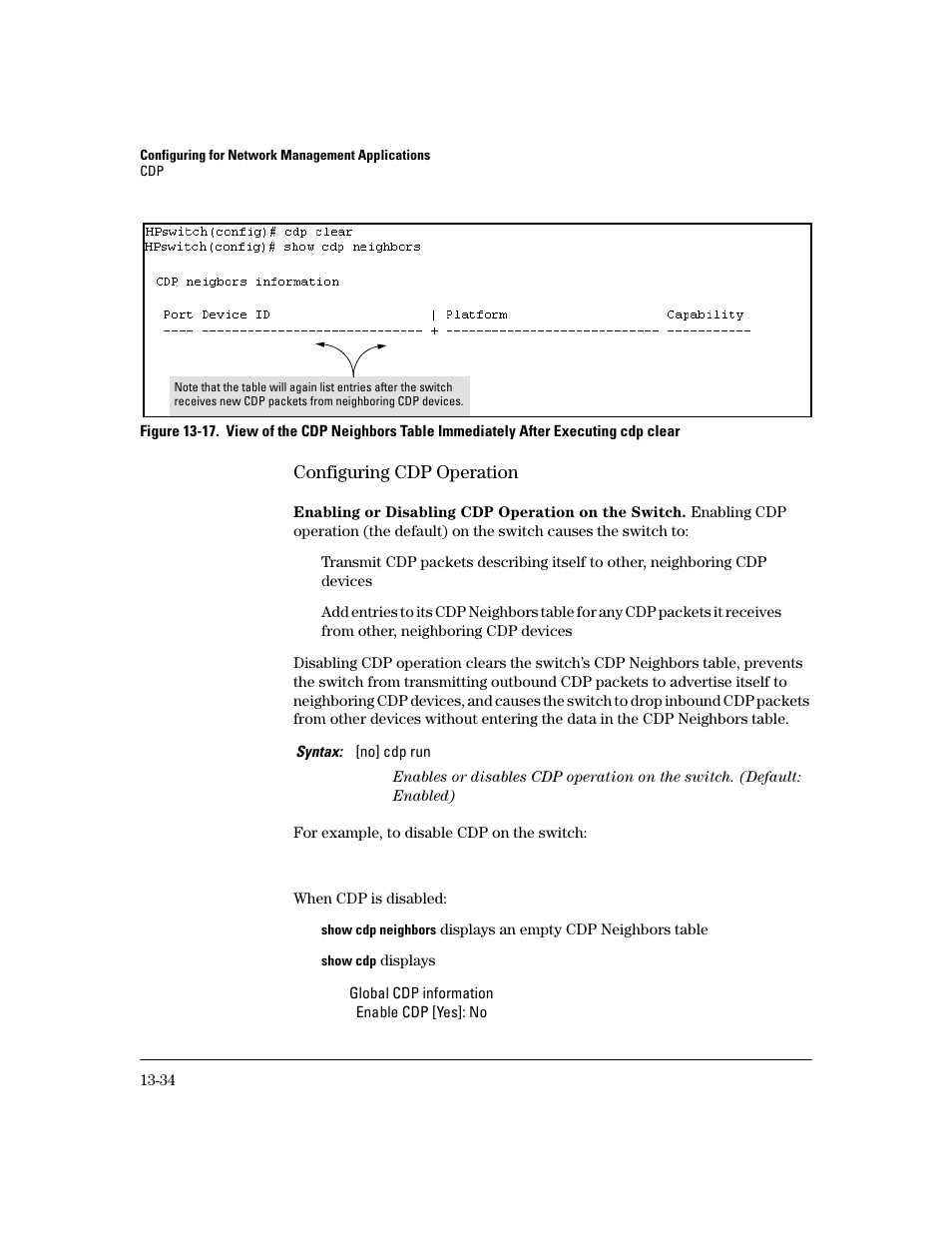 Configuring cdp operation, Enabling or disabling cdp operation on the switch, Configuring cdp operation -34 | HP 2600 User Manual | Page 288 / 418