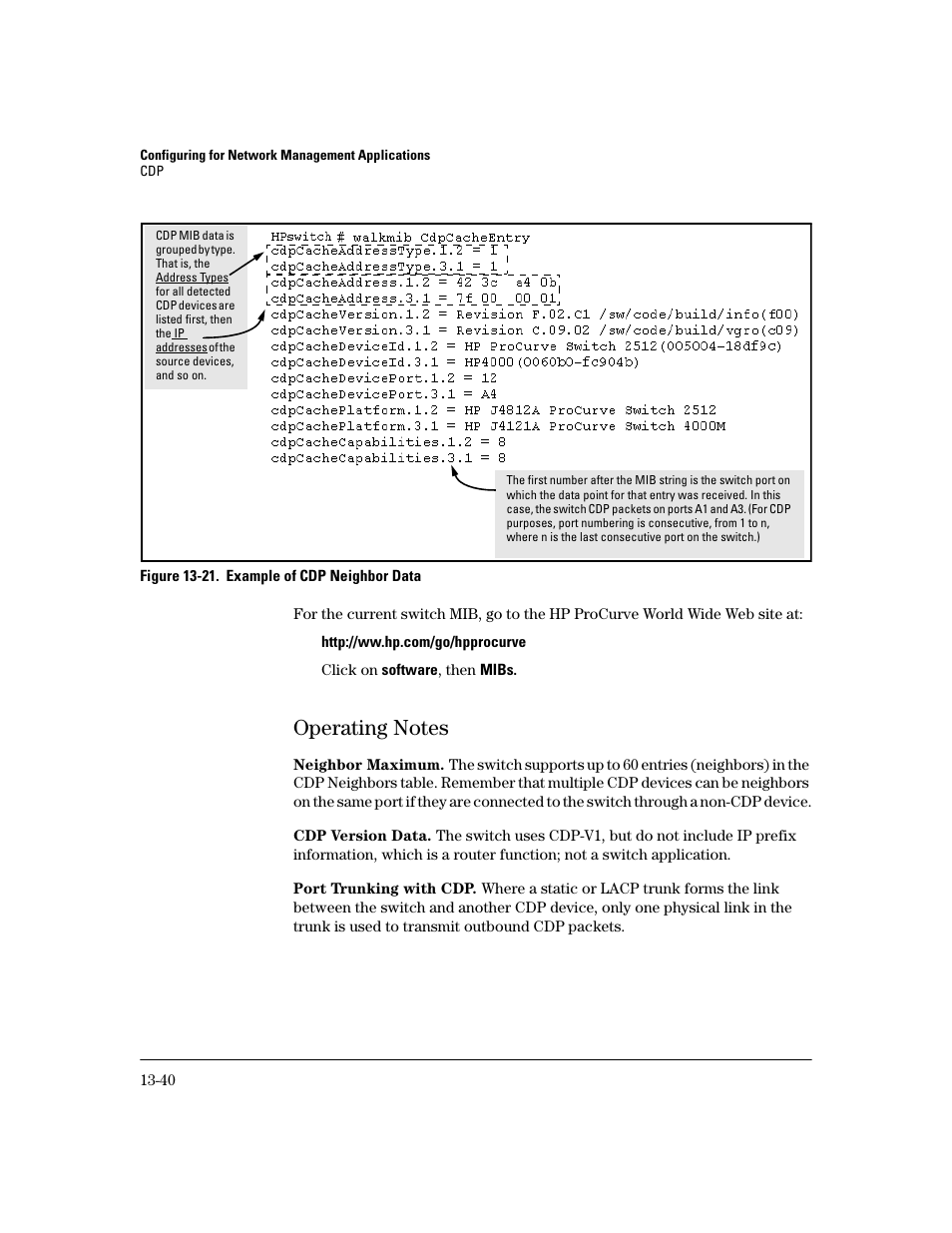 Operating notes, Neighbor maximum, Cdp version data | Port trunking with cdp, Operating notes -40 | HP 2600 User Manual | Page 294 / 418