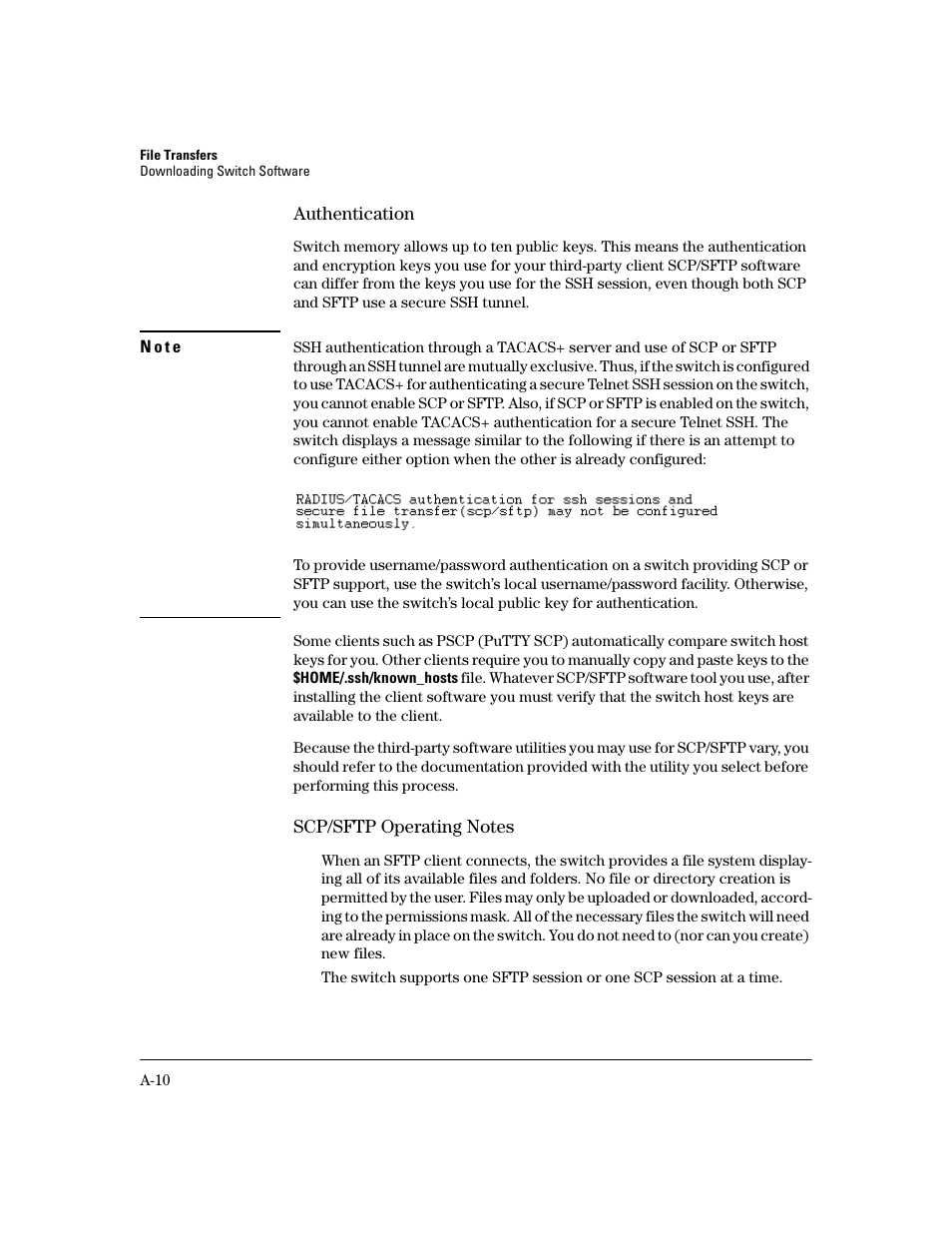 Authentication, Scp/sftp operating notes | HP 2600 User Manual | Page 306 / 418