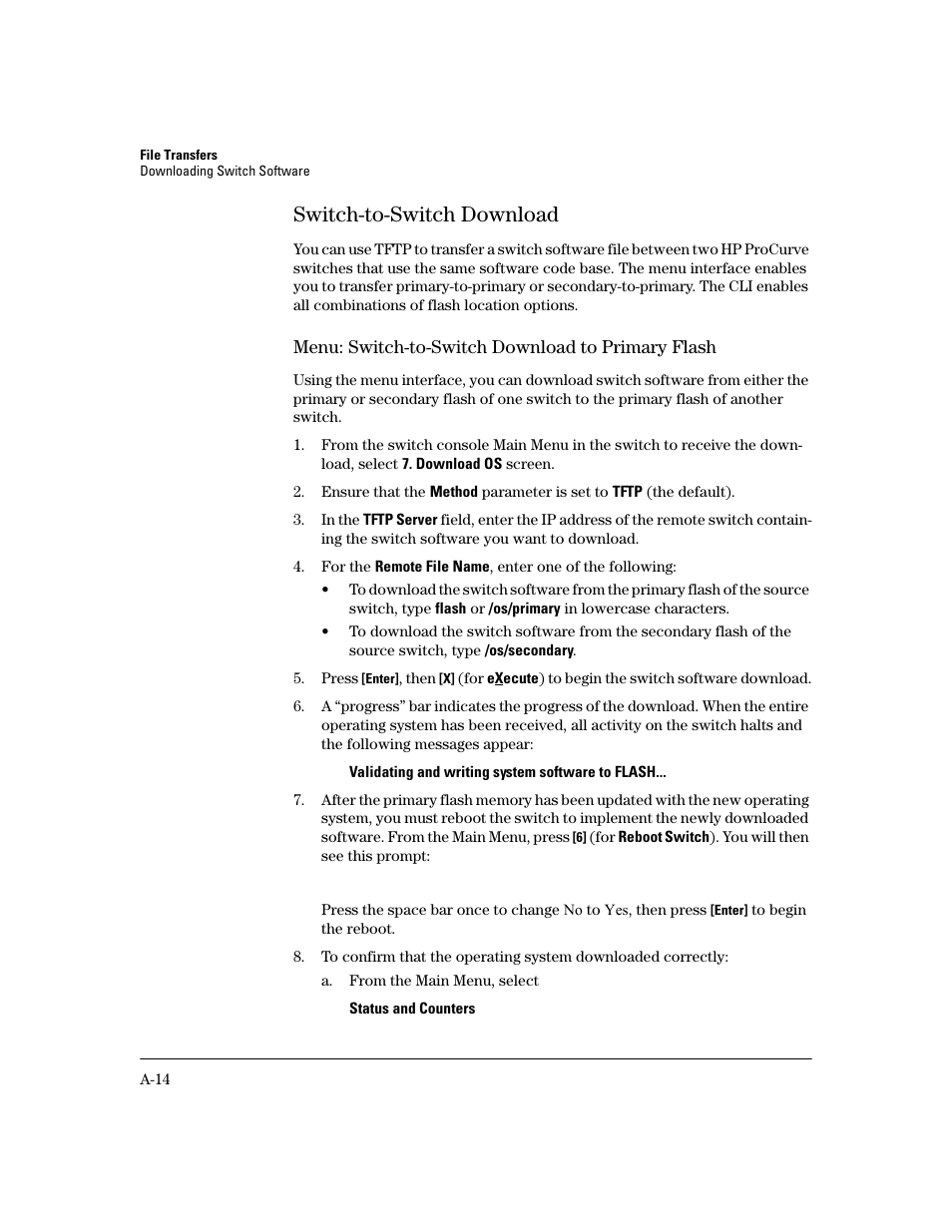 Switch-to-switch download, Menu: switch-to-switch download to primary flash | HP 2600 User Manual | Page 310 / 418