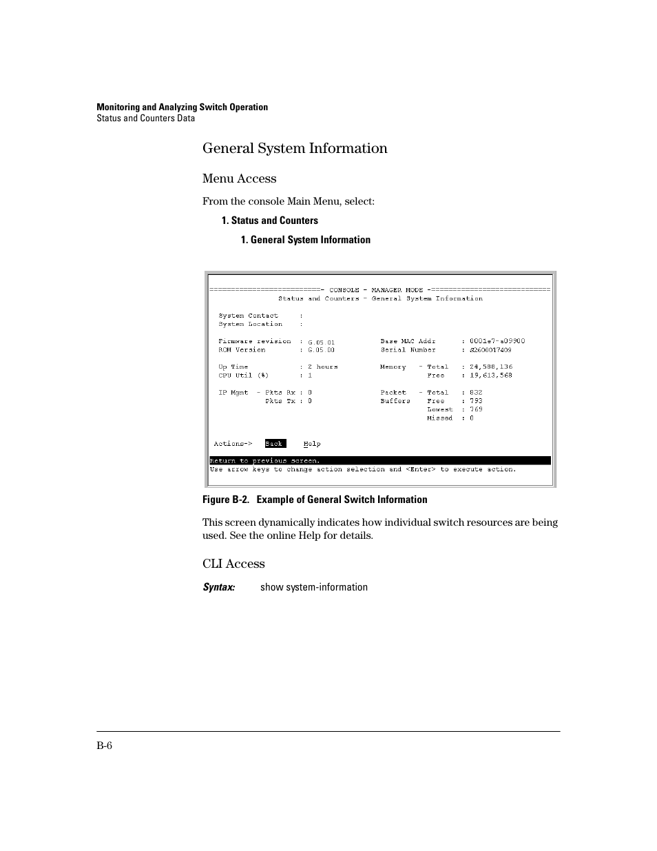 General system information, Menu access, Cli access | HP 2600 User Manual | Page 326 / 418