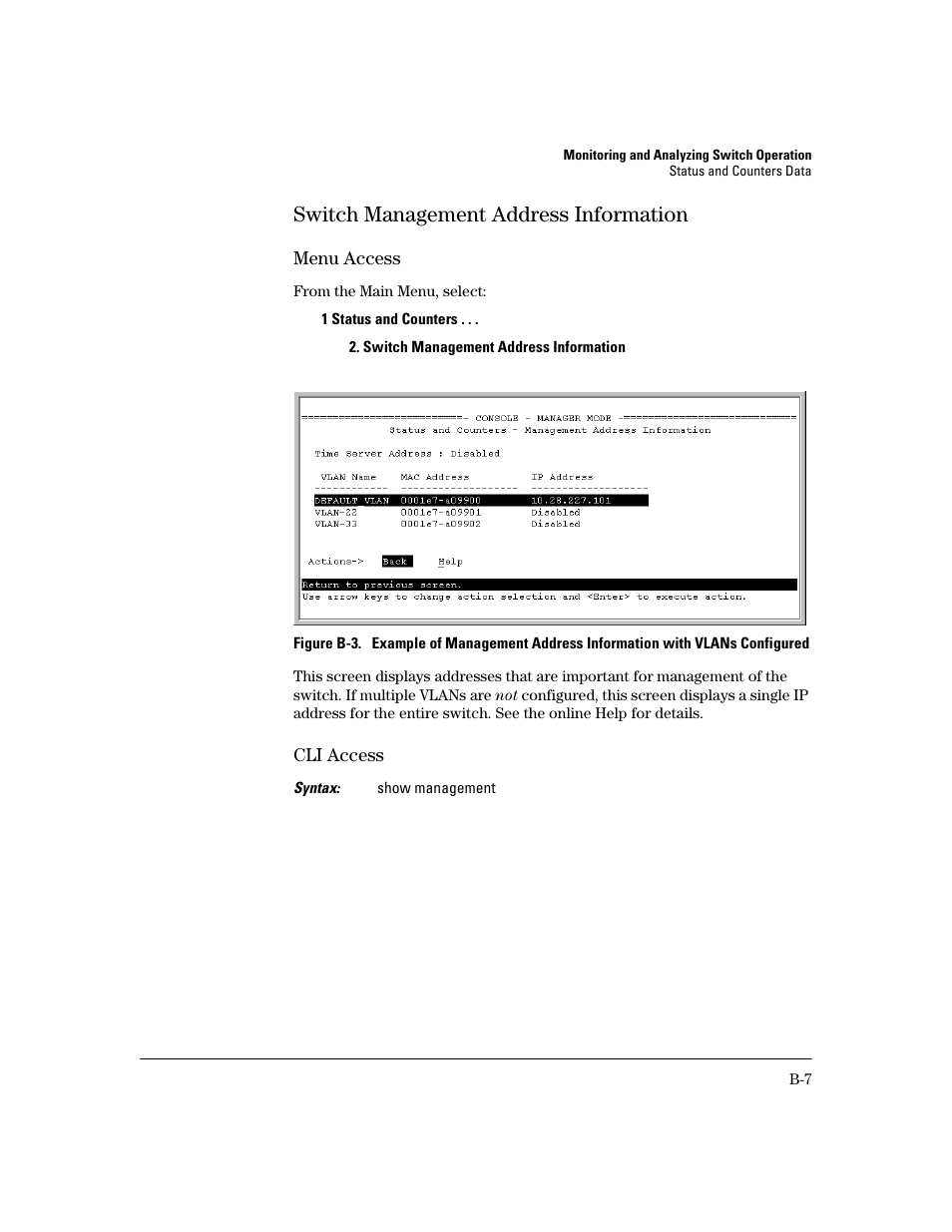 Switch management address information, Menu access, Cli access | HP 2600 User Manual | Page 327 / 418