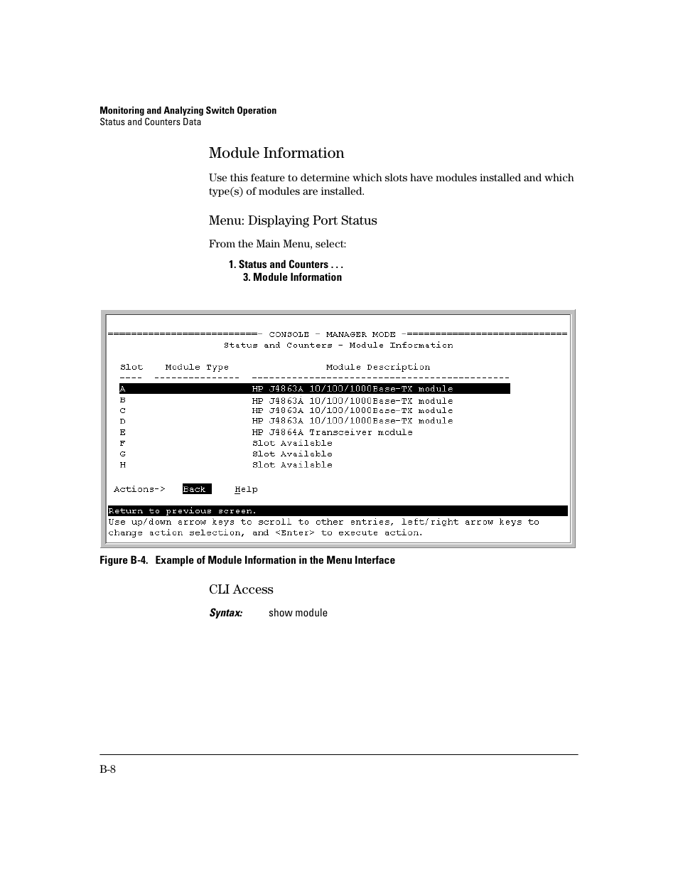 Module information, Menu: displaying port status, Cli access | HP 2600 User Manual | Page 328 / 418