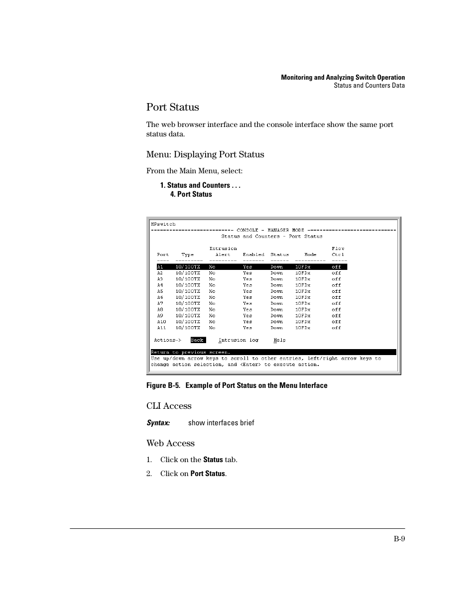 Port status, Menu: displaying port status, Cli access | Web access | HP 2600 User Manual | Page 329 / 418