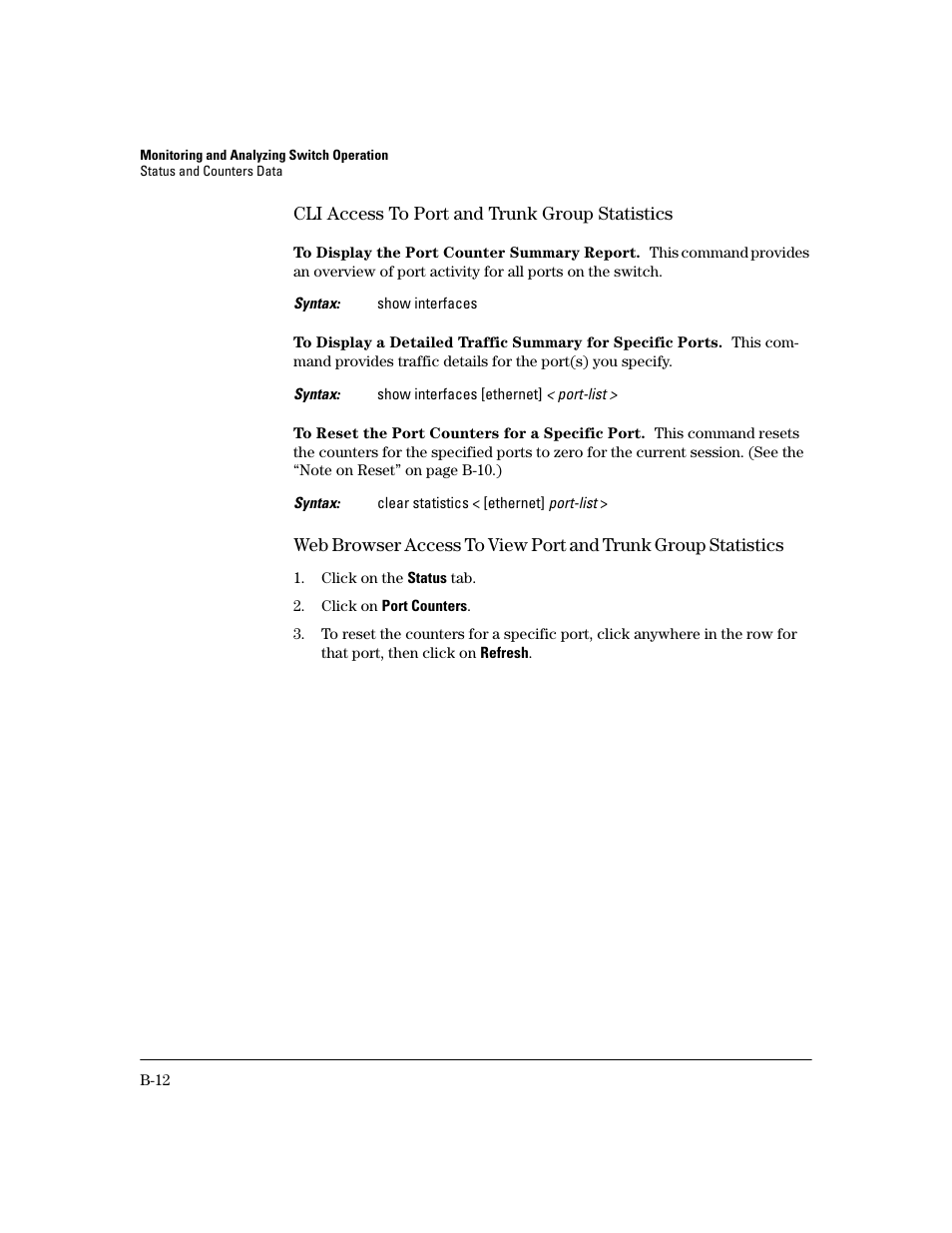 Cli access to port and trunk group statistics, To display the port counter summary report, To reset the port counters for a specific port | HP 2600 User Manual | Page 332 / 418