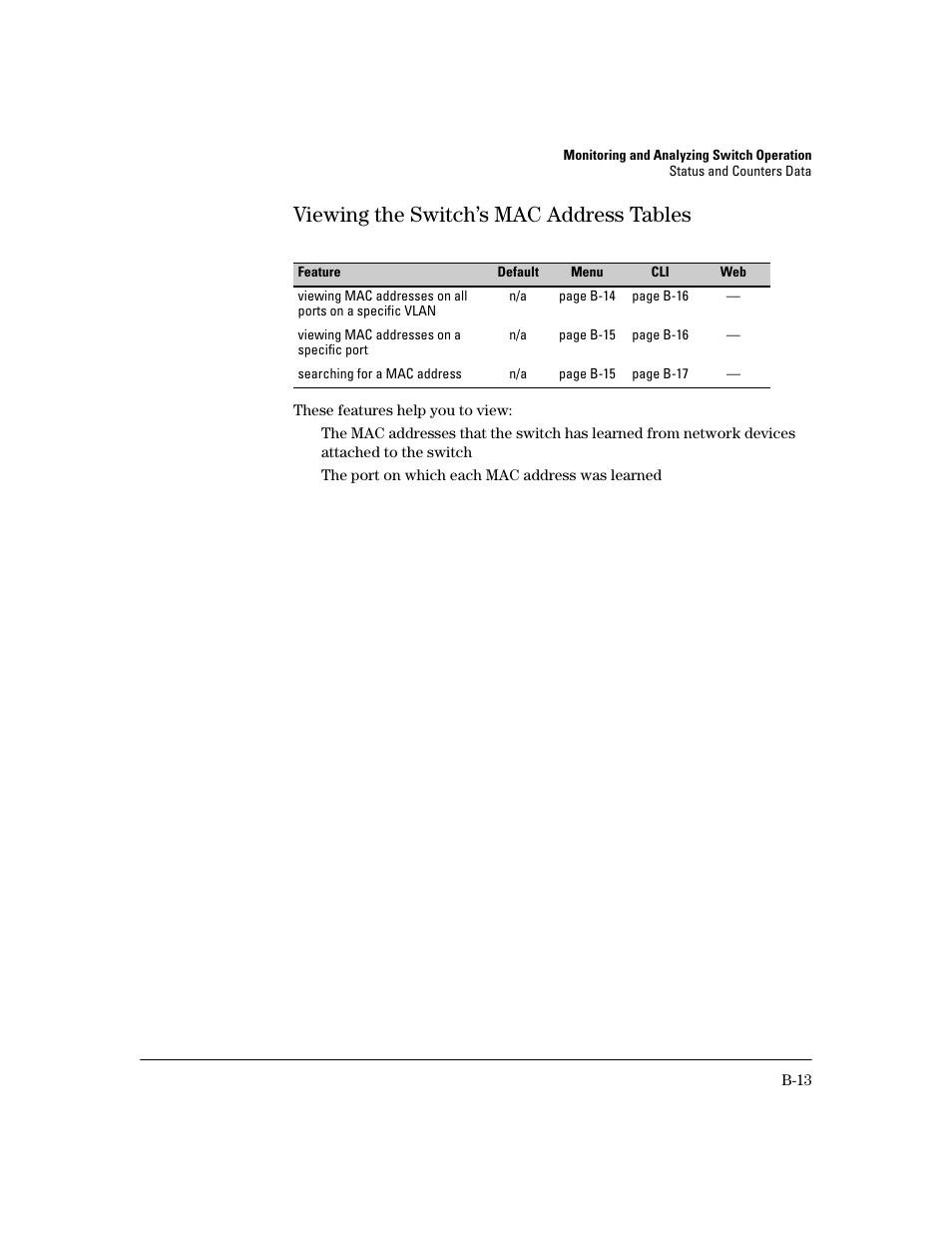 Viewing the switch’s mac address tables, B-13 | HP 2600 User Manual | Page 333 / 418