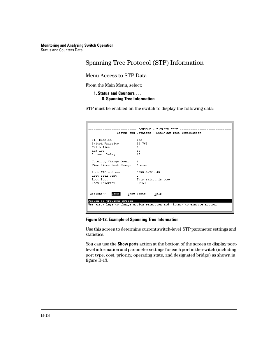 Spanning tree protocol (stp) information, Menu access to stp data, B-18 | HP 2600 User Manual | Page 338 / 418