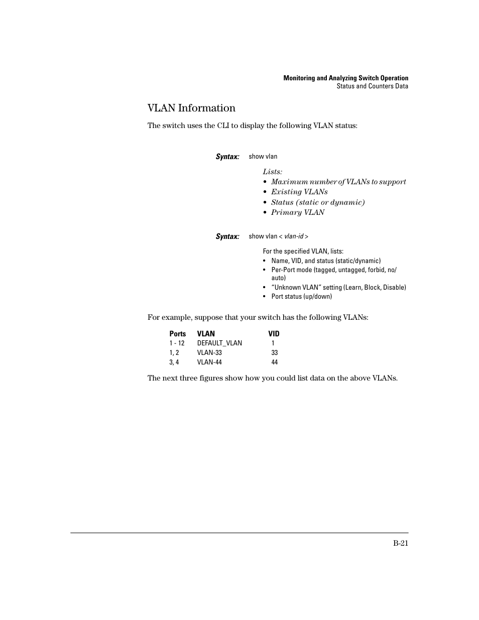 Vlan information, B-21 | HP 2600 User Manual | Page 341 / 418