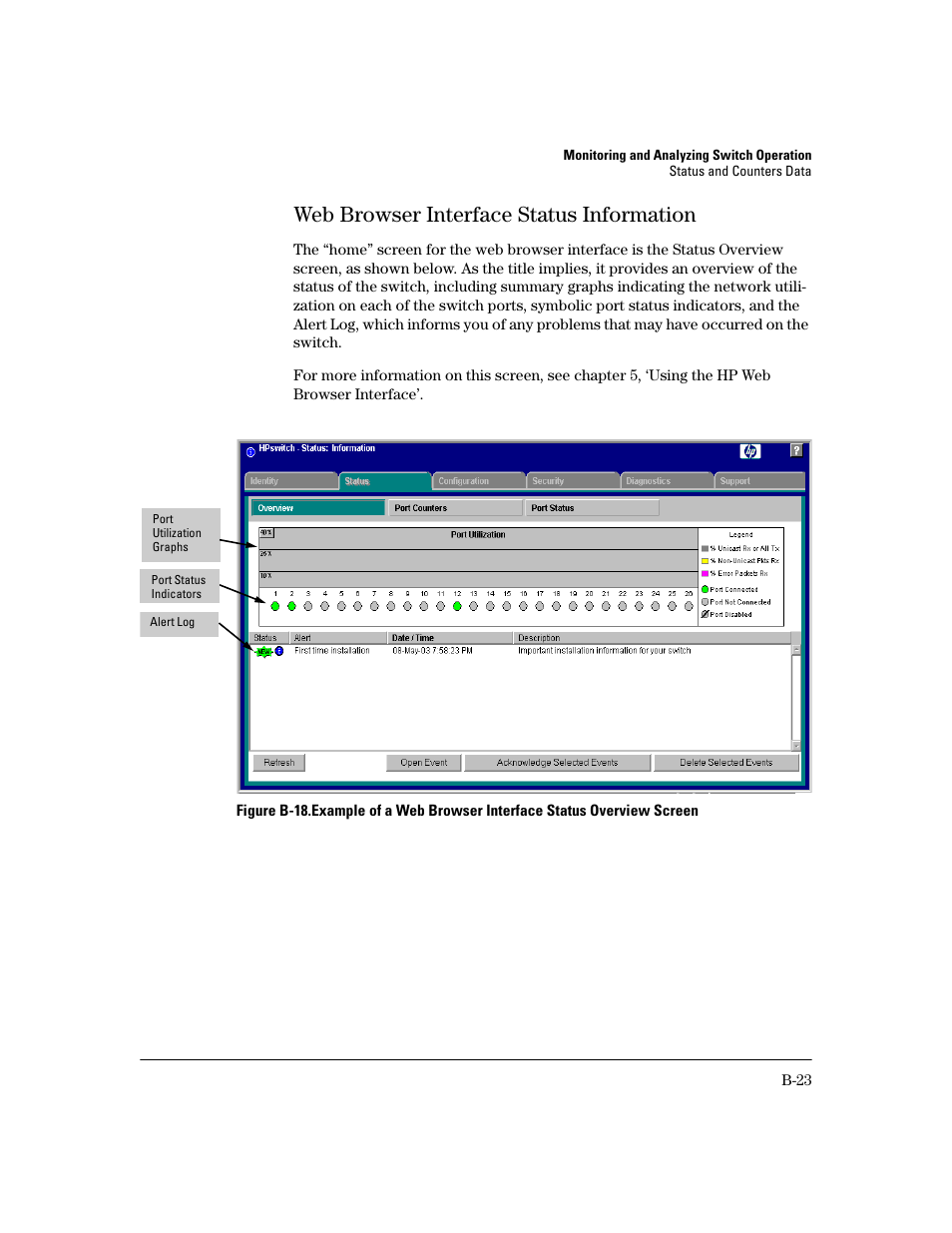 Web browser interface status information, B-23 | HP 2600 User Manual | Page 343 / 418