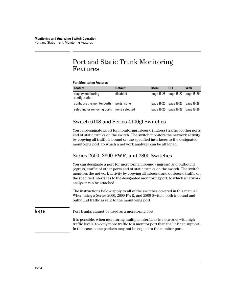 Port and static trunk monitoring features, Switch 6108 and series 4100gl switches, Series 2600, 2600-pwr, and 2800 switches | HP 2600 User Manual | Page 344 / 418
