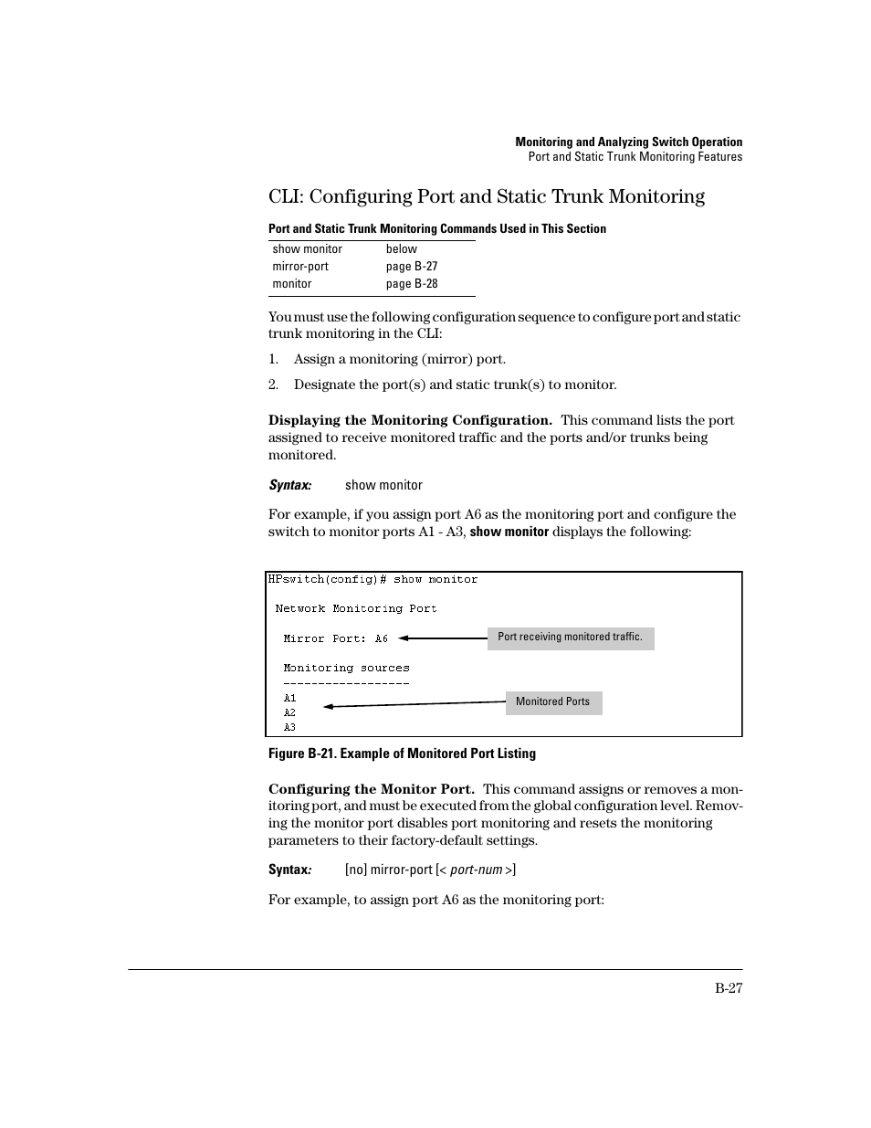 Cli: configuring port and static trunk monitoring, Displaying the monitoring configuration, Configuring the monitor port | HP 2600 User Manual | Page 347 / 418