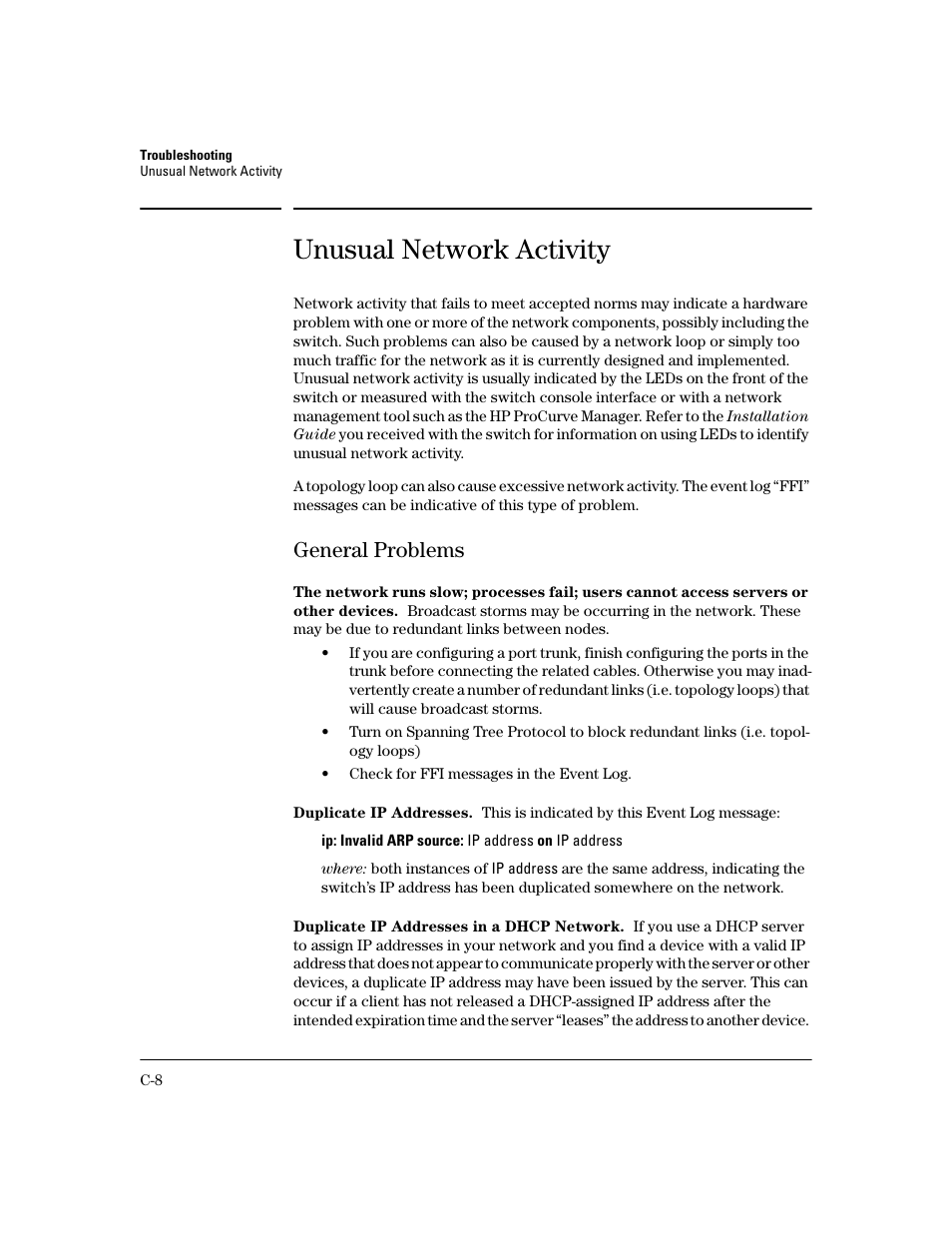 Unusual network activity, General problems, Duplicate ip addresses | Duplicate ip addresses in a dhcp network | HP 2600 User Manual | Page 358 / 418