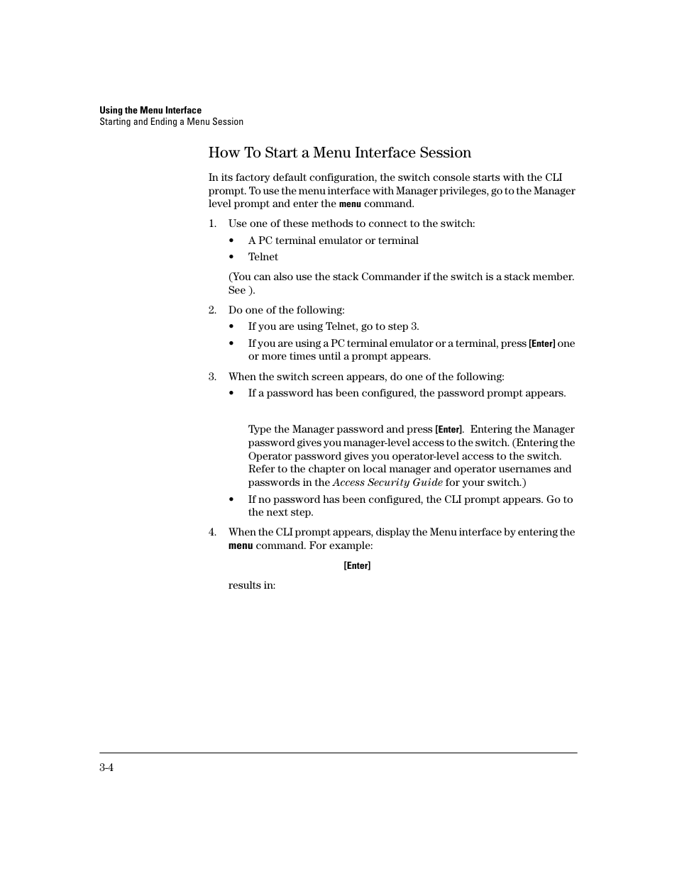 How to start a menu interface session, How to start a menu interface session -4 | HP 2600 User Manual | Page 36 / 418