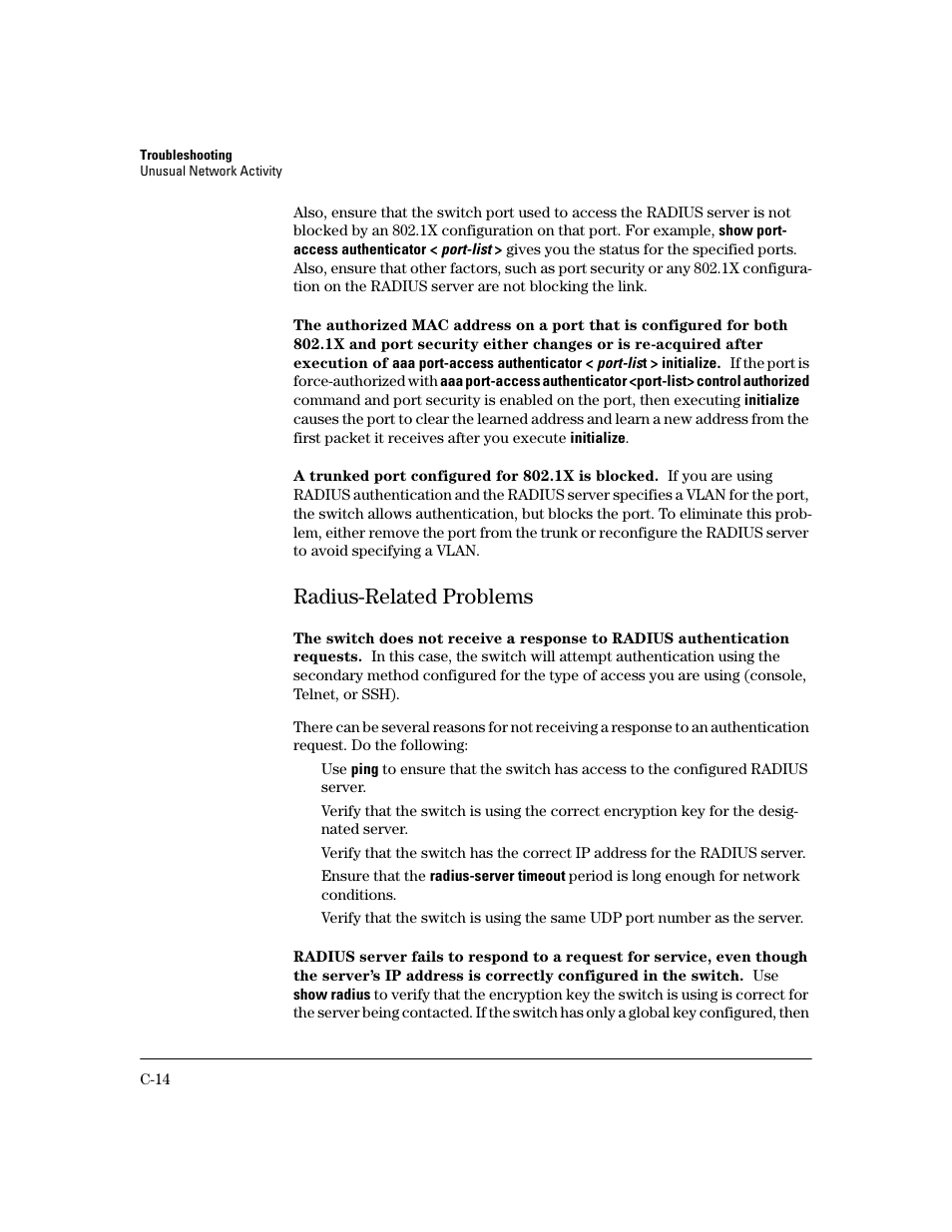 A trunked port configured for 802.1x is blocked, Radius-related problems | HP 2600 User Manual | Page 364 / 418