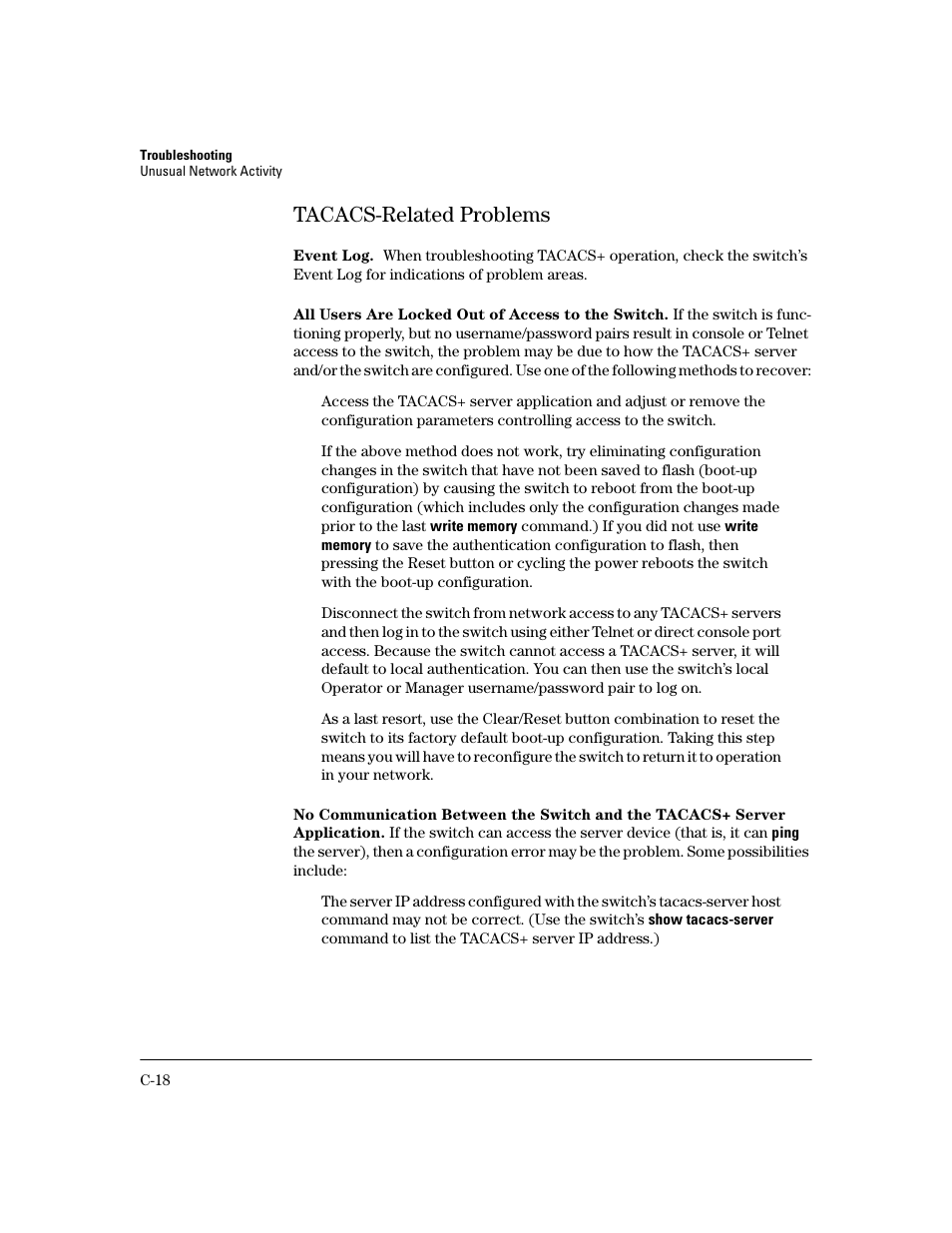 Tacacs-related problems, Event log, All users are locked out of access to the switch | HP 2600 User Manual | Page 368 / 418