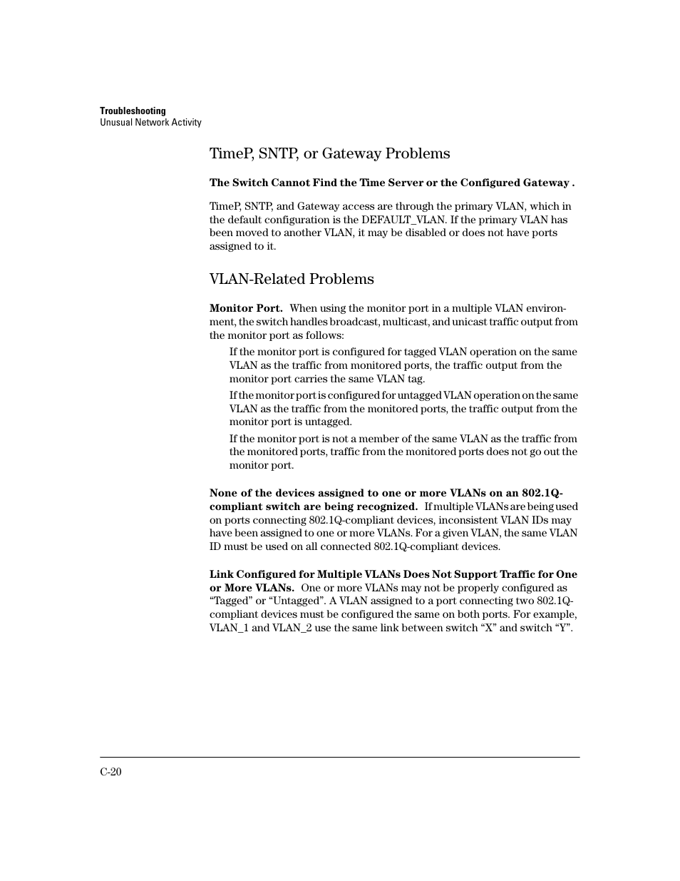 Timep, sntp, or gateway problems, Vlan-related problems, Monitor port | HP 2600 User Manual | Page 370 / 418