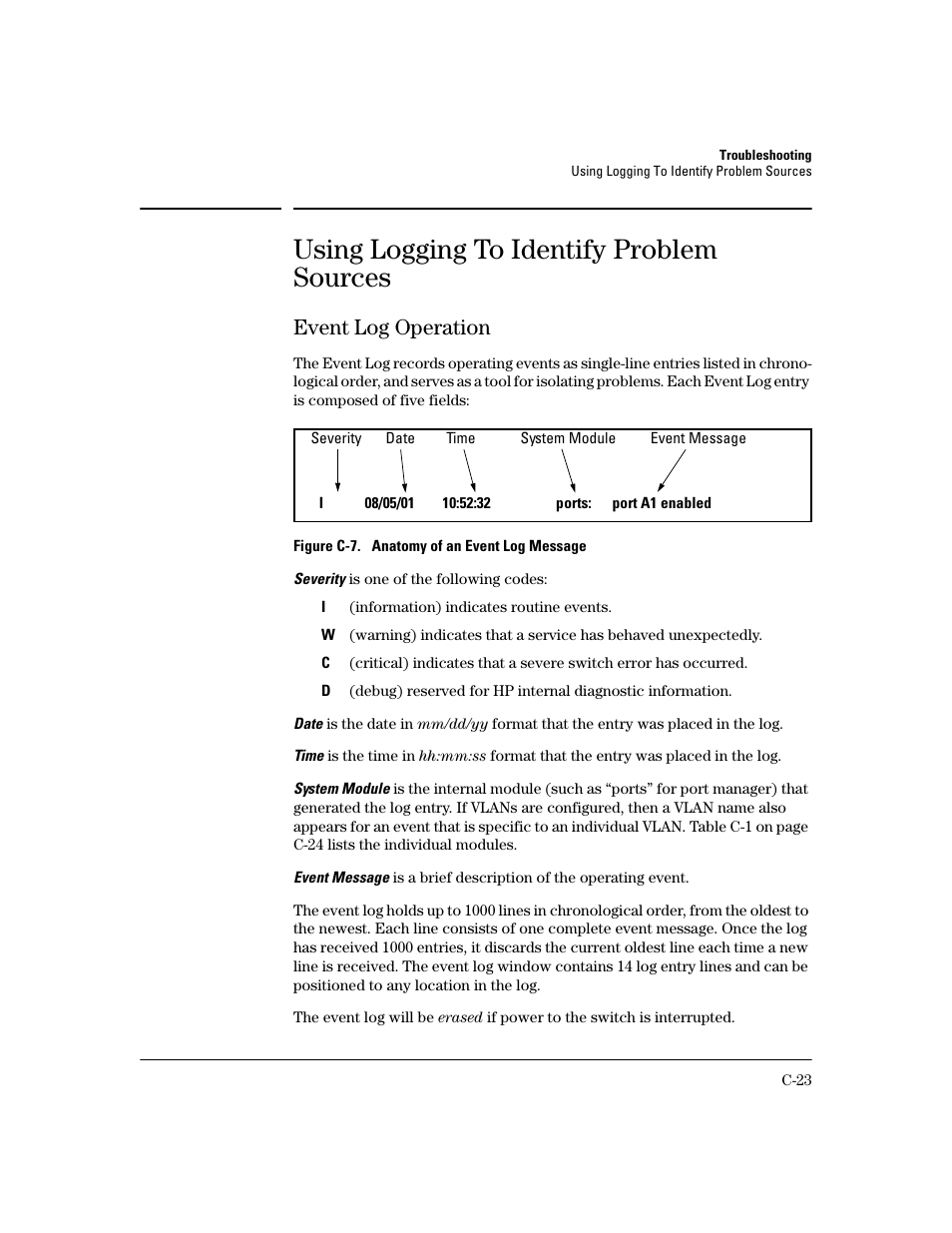 Using logging to identify problem sources, Event log operation, Using logging to identify | HP 2600 User Manual | Page 373 / 418