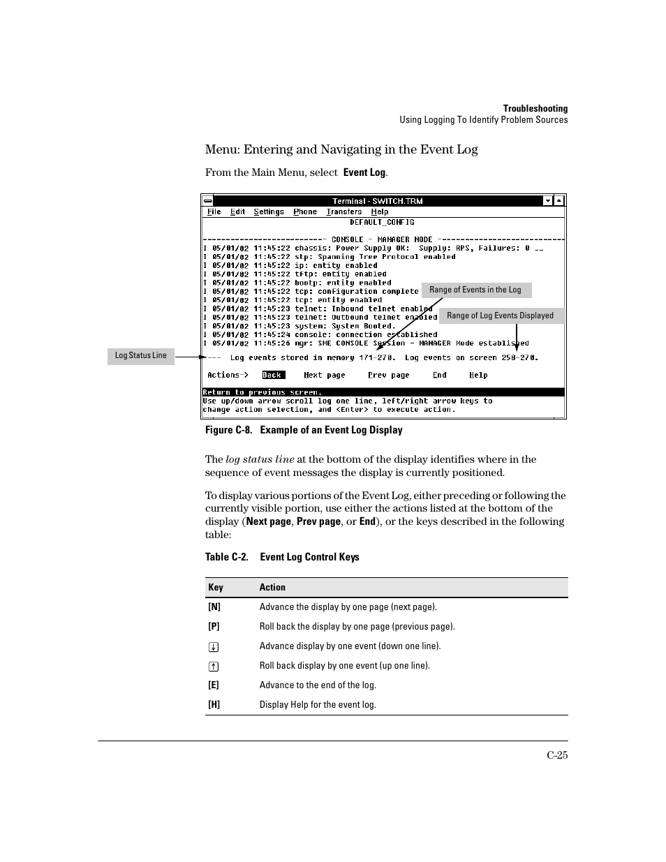 Menu: entering and navigating in the event log | HP 2600 User Manual | Page 375 / 418