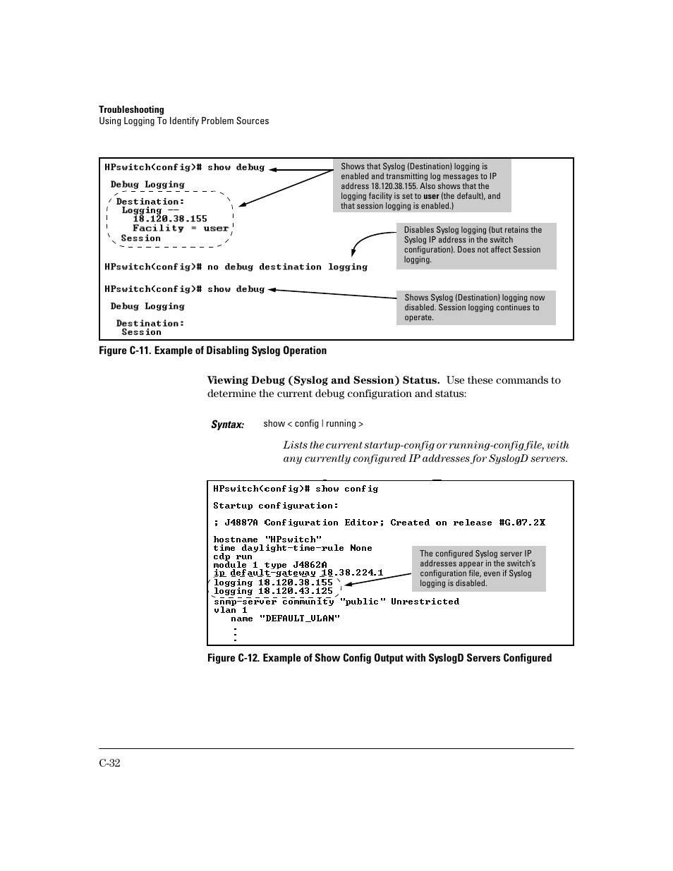 Viewing debug (syslog and session) status | HP 2600 User Manual | Page 382 / 418