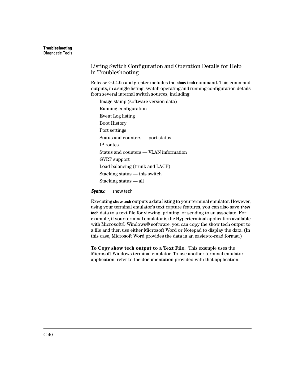 To copy show tech output to a text file | HP 2600 User Manual | Page 390 / 418