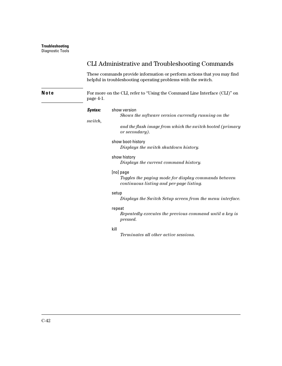 Cli administrative and troubleshooting commands | HP 2600 User Manual | Page 392 / 418