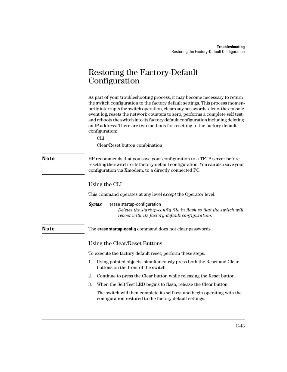 Restoring the factory-default configuration, Using the cli, Using the clear/reset buttons | HP 2600 User Manual | Page 393 / 418