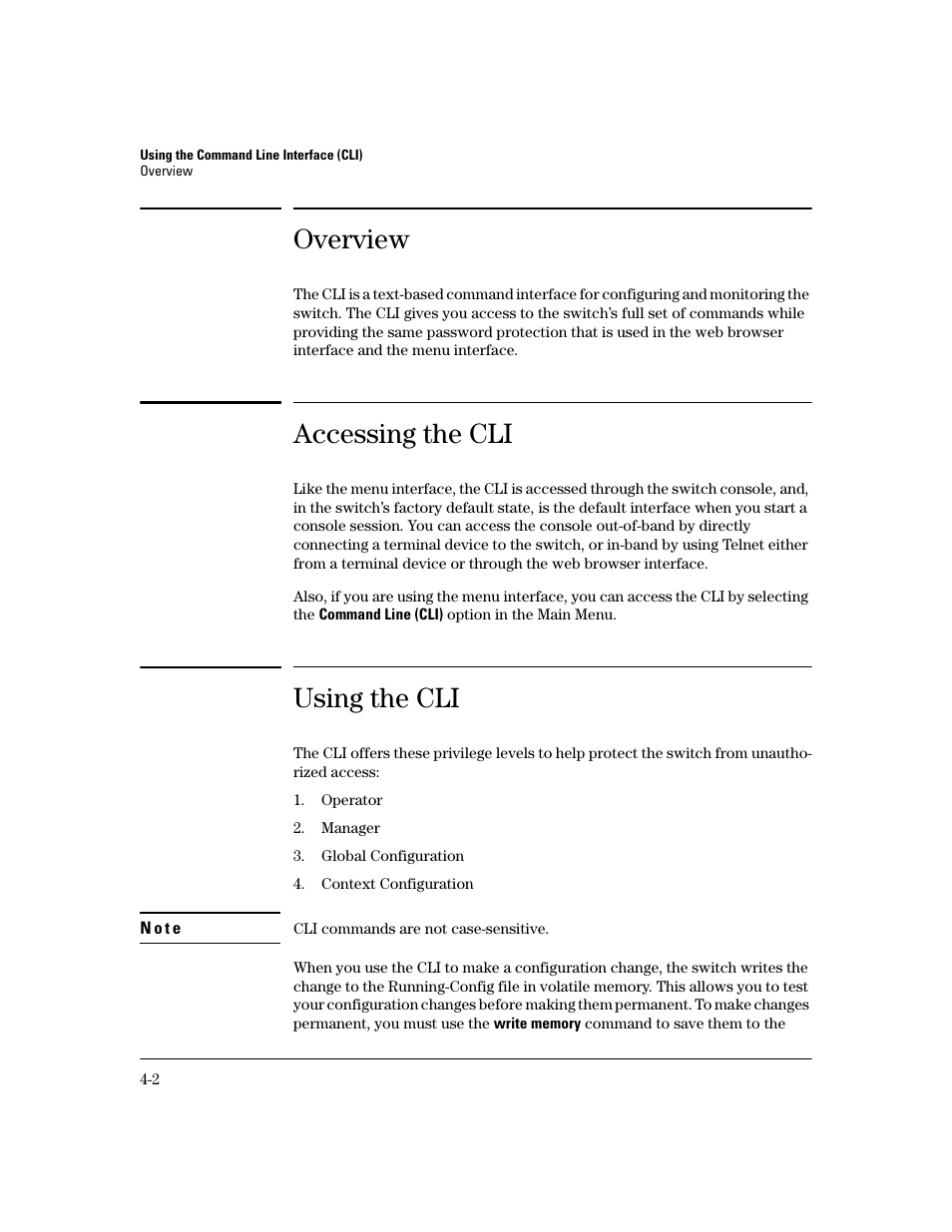 Overview, Accessing the cli, Using the cli | Overview -2, Accessing the cli -2, Using the cli -2 | HP 2600 User Manual | Page 50 / 418