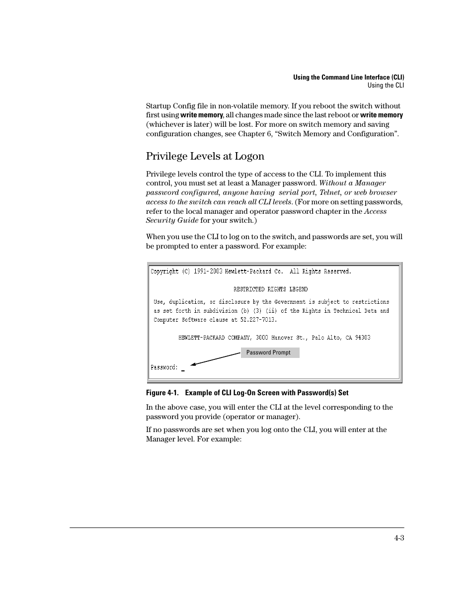 Privilege levels at logon, Privilege levels at logon -3 | HP 2600 User Manual | Page 51 / 418