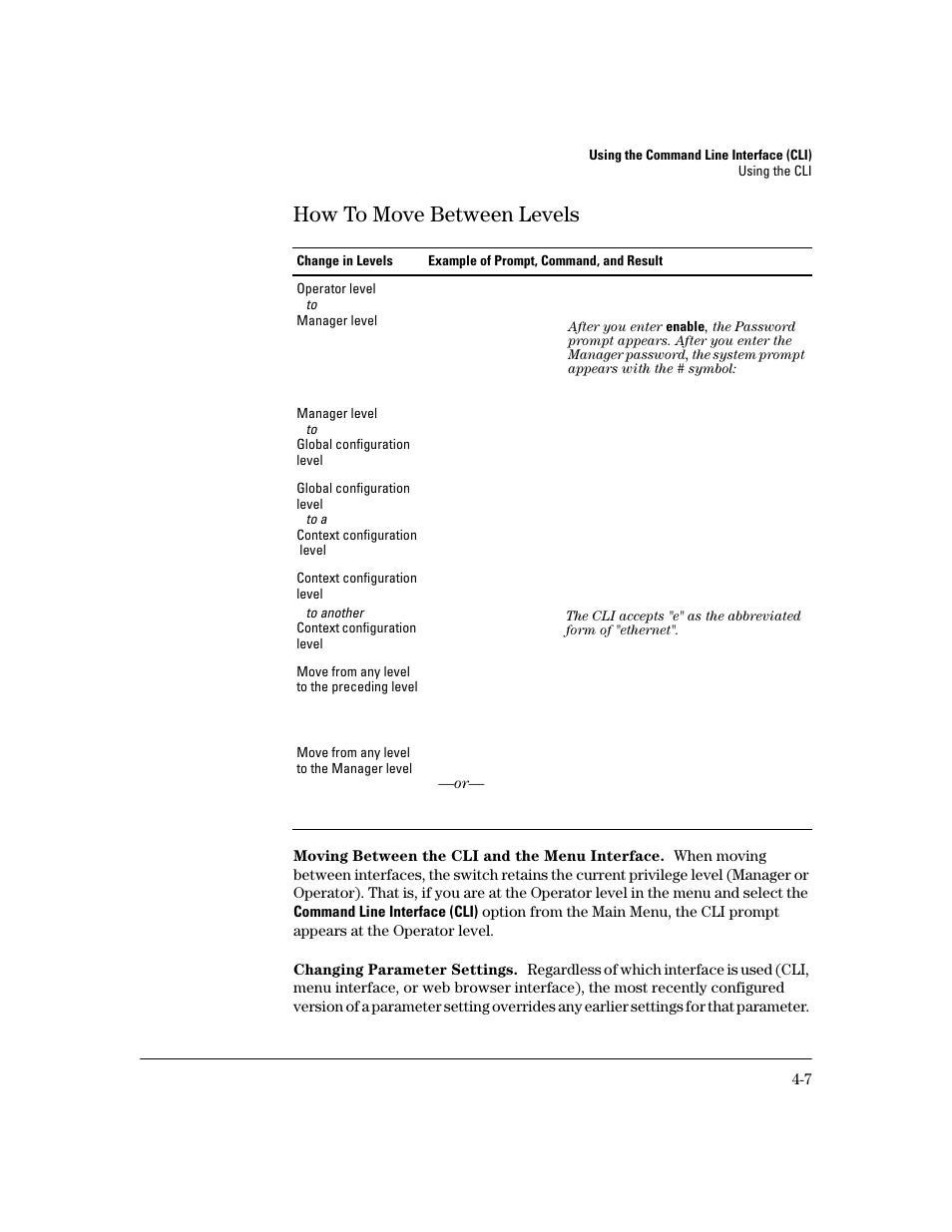 How to move between levels, Moving between the cli and the menu interface, Changing parameter settings | How to move between levels -7 | HP 2600 User Manual | Page 55 / 418