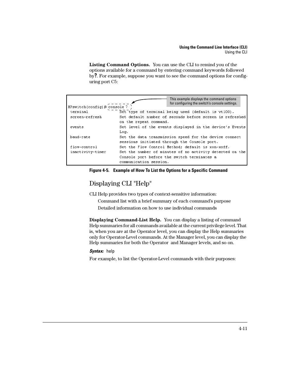 Listing command options, Displaying cli "help, Displaying command-list help | Displaying cli "help" -11 | HP 2600 User Manual | Page 59 / 418