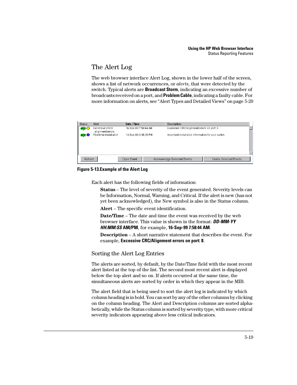 The alert log, Sorting the alert log entries, The alert log -19 | Sorting the alert log entries -19 | HP 2600 User Manual | Page 83 / 418