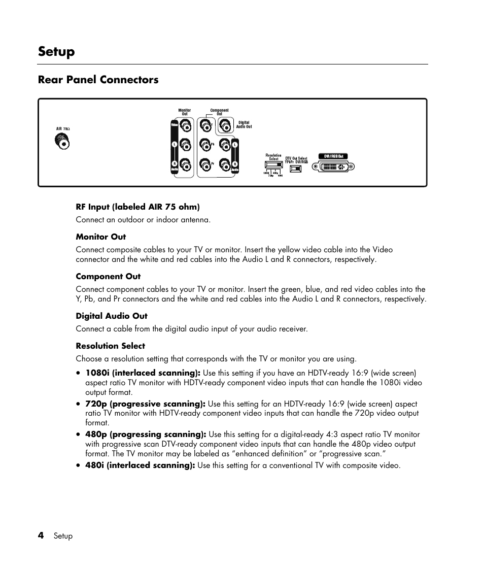 Setup, Rear panel connectors | HP MR4000N User Manual | Page 12 / 36