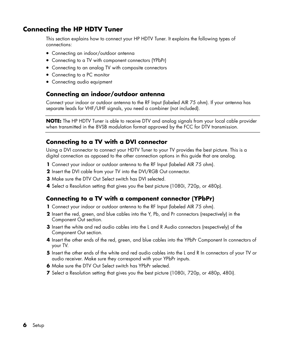 Connecting the hp hdtv tuner | HP MR4000N User Manual | Page 14 / 36