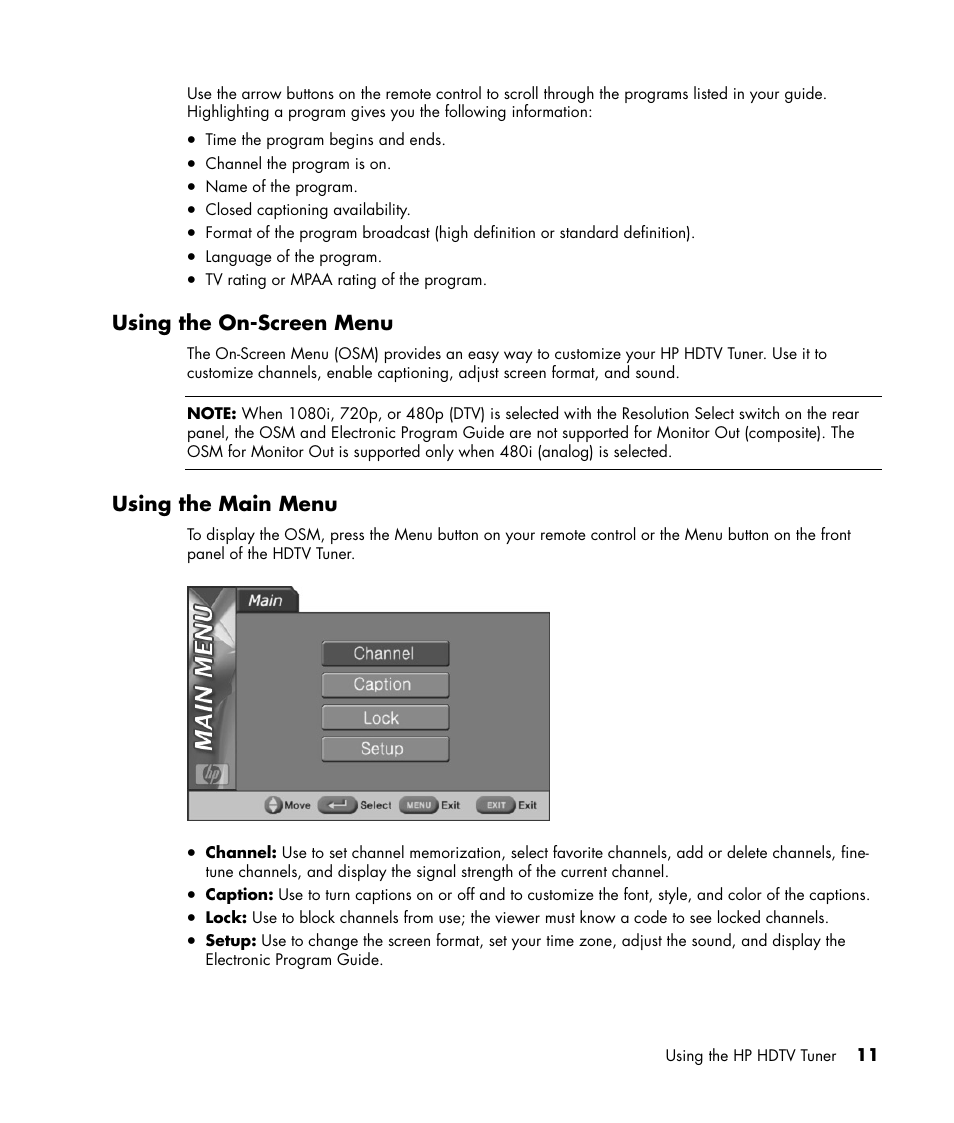 Using the on-screen menu, Using the main menu | HP MR4000N User Manual | Page 19 / 36