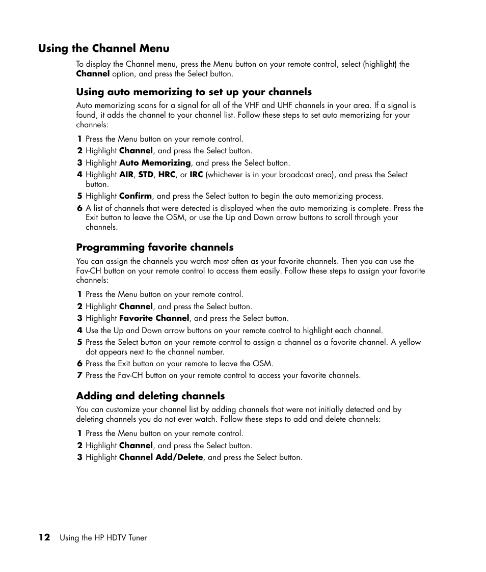 Using the channel menu | HP MR4000N User Manual | Page 20 / 36