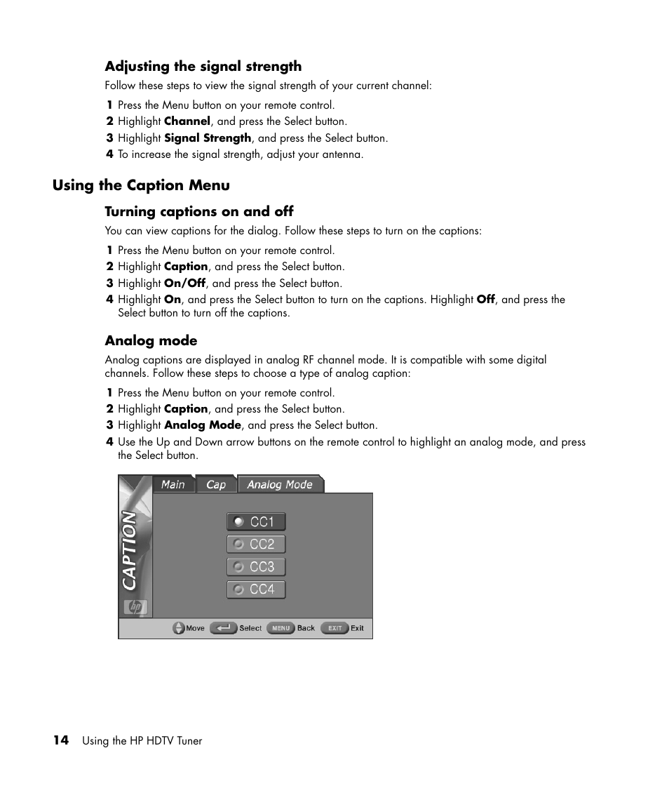 Using the caption menu | HP MR4000N User Manual | Page 22 / 36