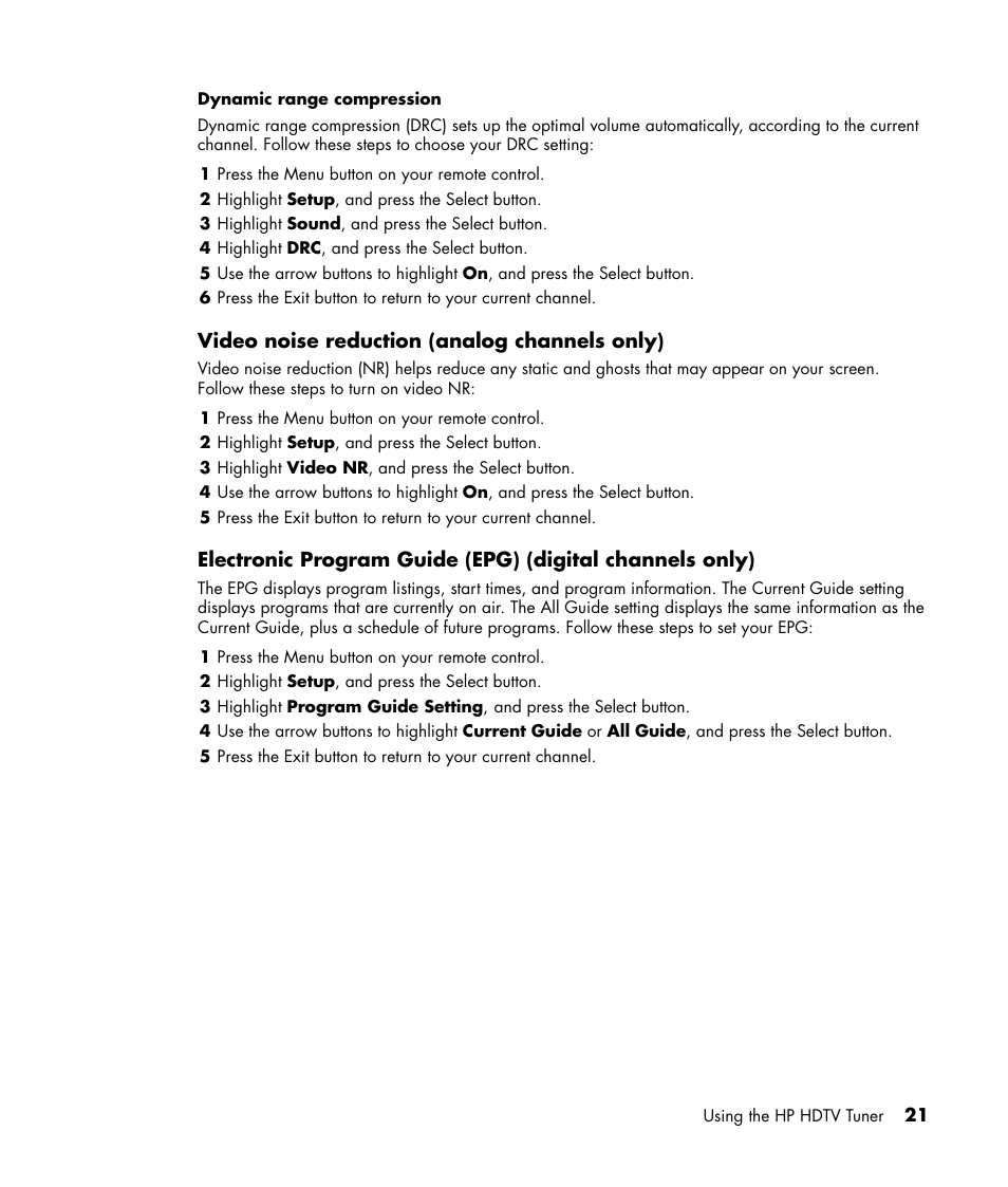 Video noise reduction (analog channels only) | HP MR4000N User Manual | Page 29 / 36