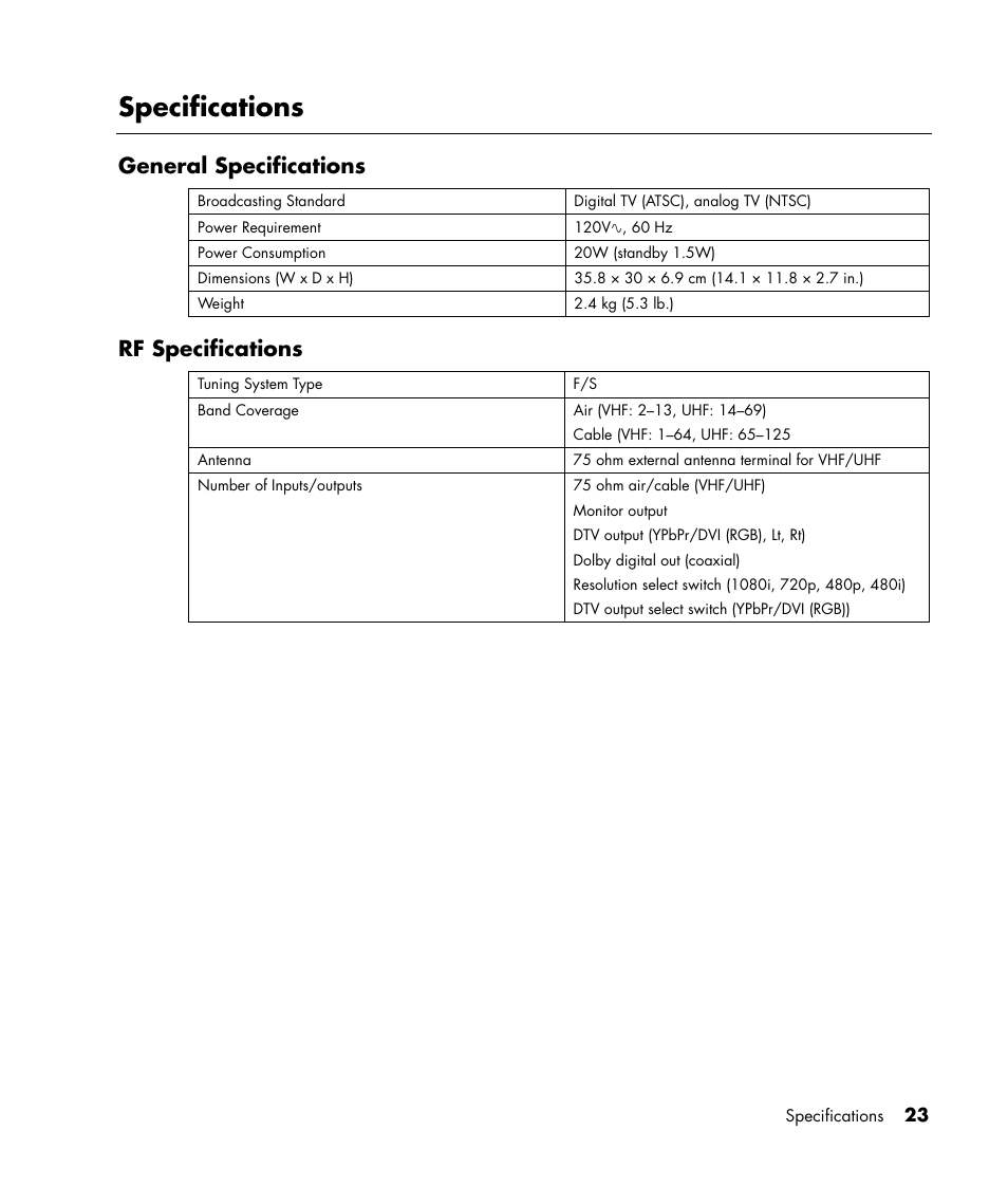 Specifications, General specifications, Rf specifications | HP MR4000N User Manual | Page 31 / 36