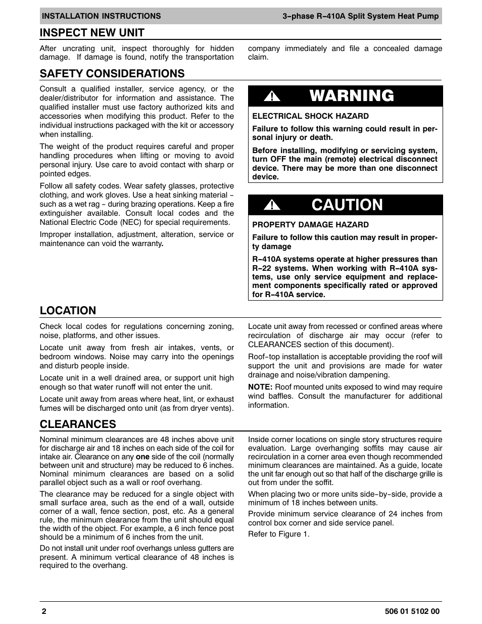 Warning, Caution, Inspect new unit | Safety considerations, Location, Clearances | HP H4H3 User Manual | Page 2 / 16