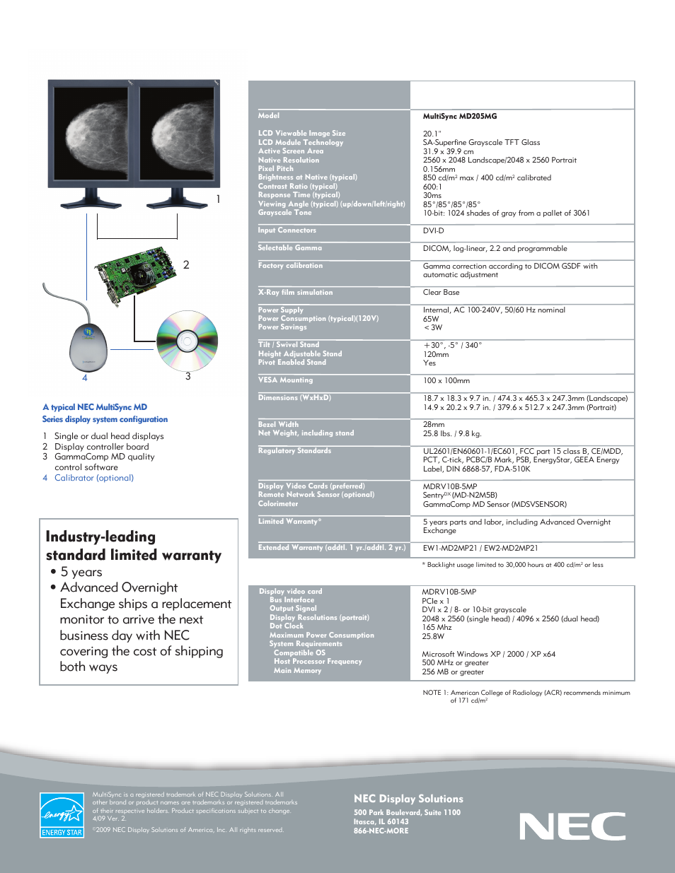 Industry-leading standard limited warranty, 1nec display solutions | HP MultiSync MD205MG User Manual | Page 2 / 2