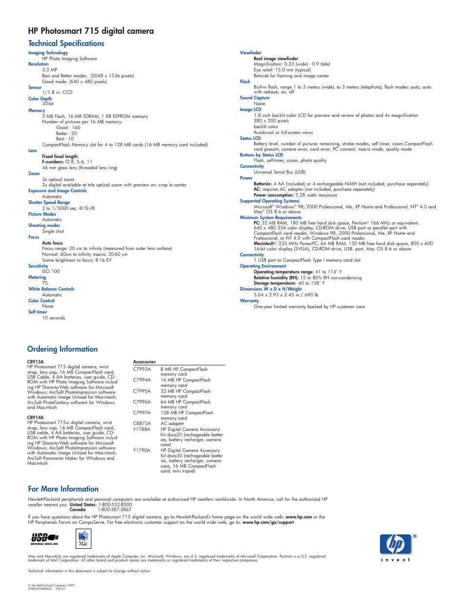 Hp photosmart 715 digital camera, Technical specifications for more information, Ordering information | HP 715 User Manual | Page 2 / 2